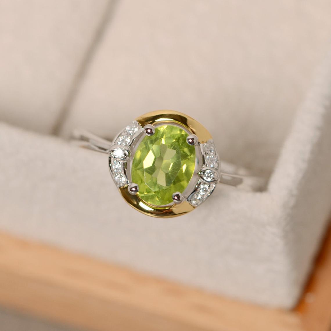 1.50 Ct Oval Cut Green Peridot Two-Tone 925 Sterling Silver Anniversary Gift Ring For Her
