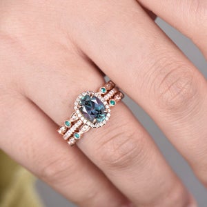 3 CT Oval Cut Alexandrite Diamond 925 Sterling Silver Wedding Band Women Bridal Ring Set