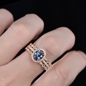 3 CT Oval Cut Alexandrite Diamond 925 Sterling Silver Wedding Band Women Bridal Ring Set