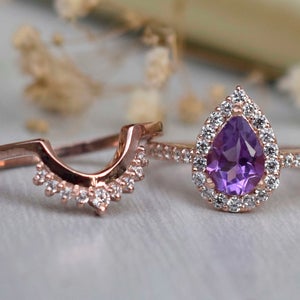 3 CT Pear Cut Amethyst Diamond  925 Sterling Silver Halo Wedding Bridal Ring Set