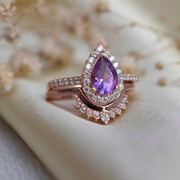 3 CT Pear Cut Amethyst Diamond  925 Sterling Silver Halo Wedding Bridal Ring Set