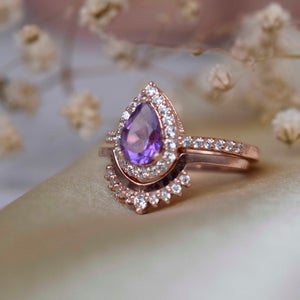3 CT Pear Cut Amethyst Diamond  925 Sterling Silver Halo Wedding Bridal Ring Set