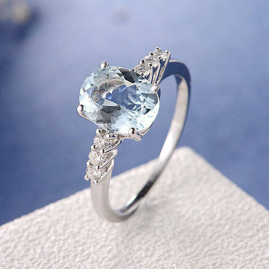 1.75 Ct Oval Cut Aquamarine 925 Sterling Silver Solitaire W/Accents Anniversary Gift Ring