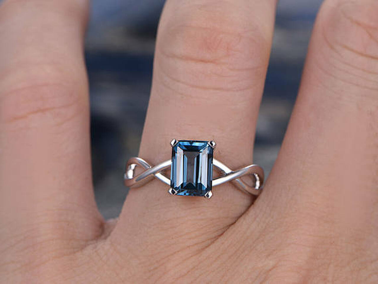 1.20 Ct Emerald Cut London Blue Topaz Infinity Promise Gift Ring In 925 Sterling Silver