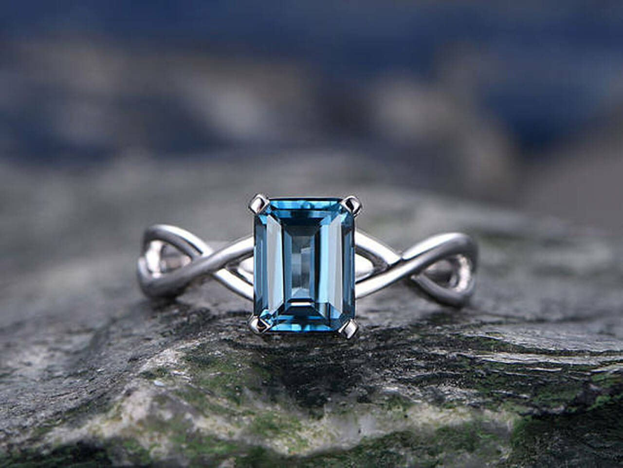 1.20 Ct Emerald Cut London Blue Topaz Infinity Promise Gift Ring In 925 Sterling Silver