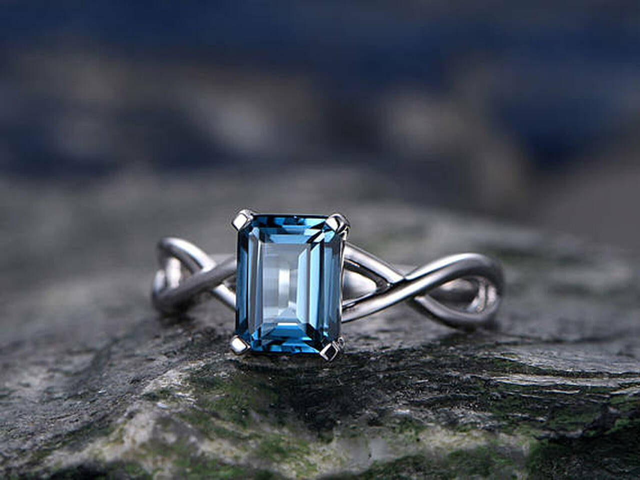 1.20 Ct Emerald Cut London Blue Topaz Infinity Promise Gift Ring In 925 Sterling Silver