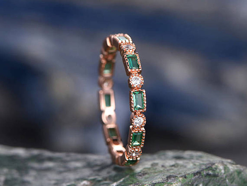 1 CT Baguette Cut Emerald Diamond Rose Gold Over On 925 Sterling Silver Full Eternity Promise Ring