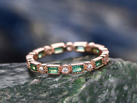 1 CT Baguette Cut Emerald Diamond Rose Gold Over On 925 Sterling Silver Full Eternity Promise Ring