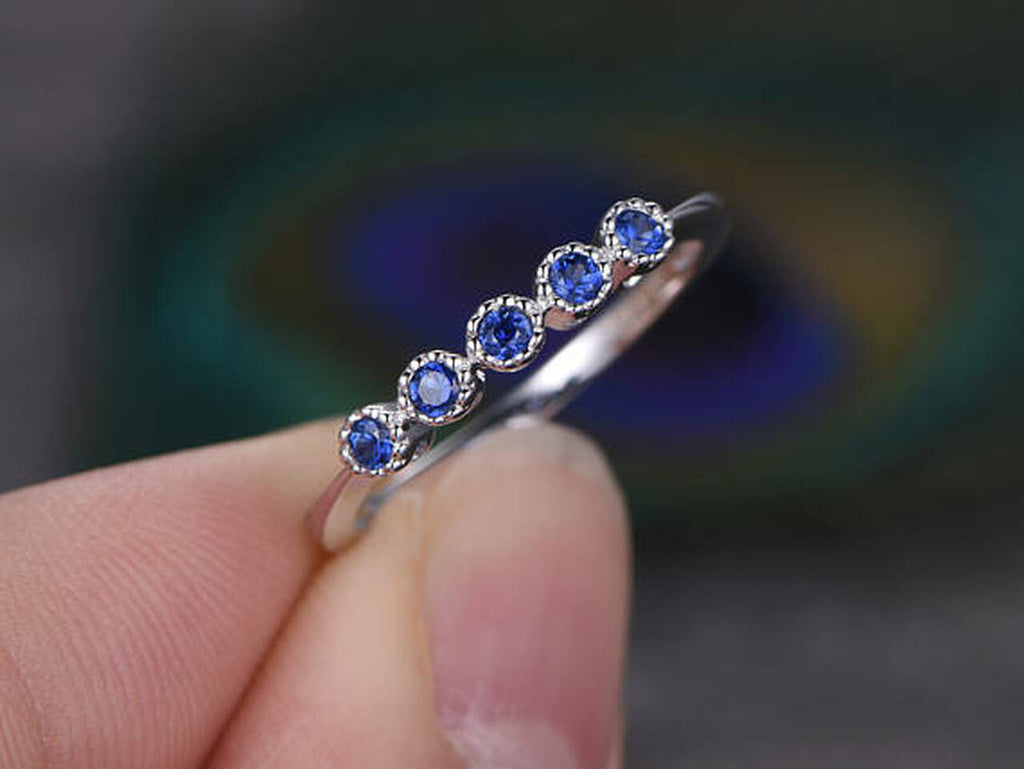 0.25 CT Round Cut Blue Sapphire Diamond 925 Sterling Silver Anniversary Ring