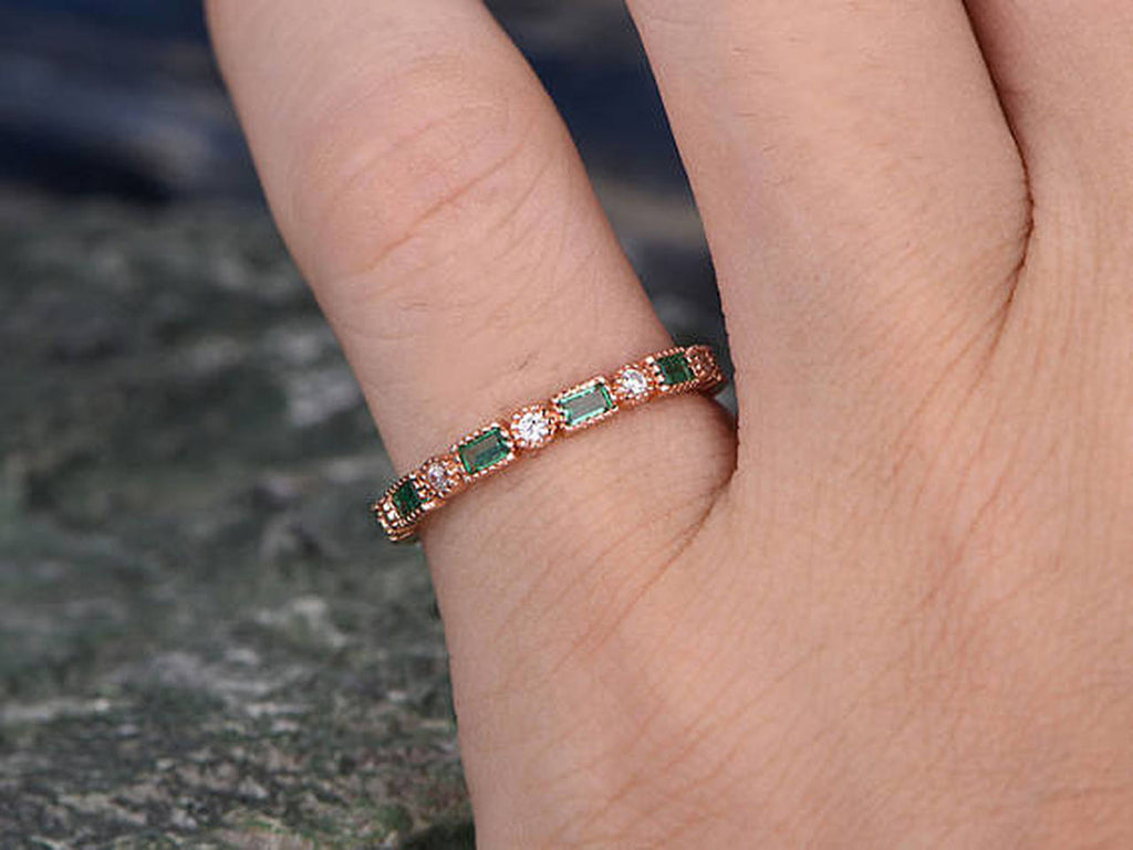 1 CT Baguette Cut Emerald Diamond Rose Gold Over On 925 Sterling Silver Full Eternity Promise Ring