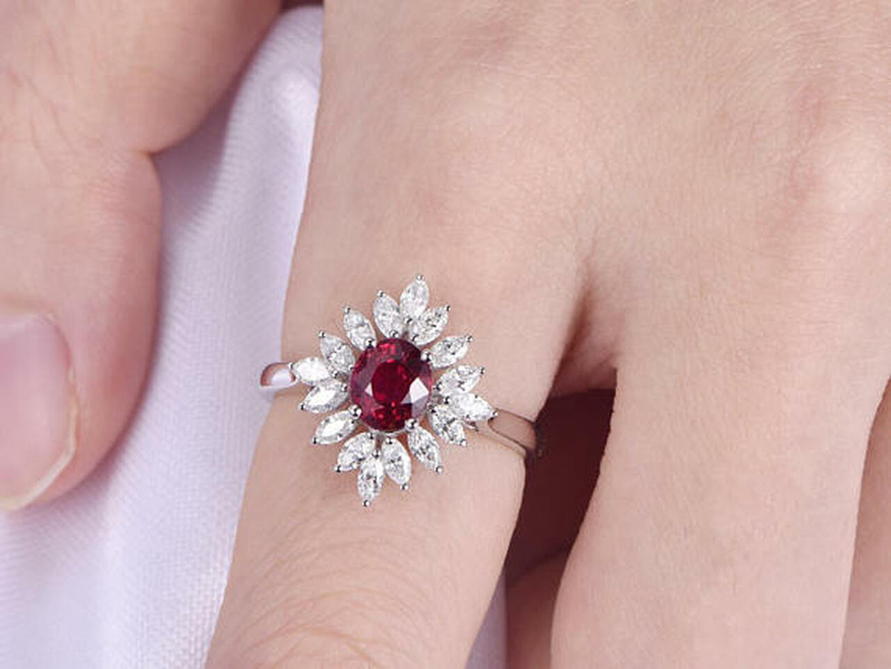 2.75 Ct Oval Cut Red Ruby & Marquise White CZ 925 Sterling Silver Cluster Ring