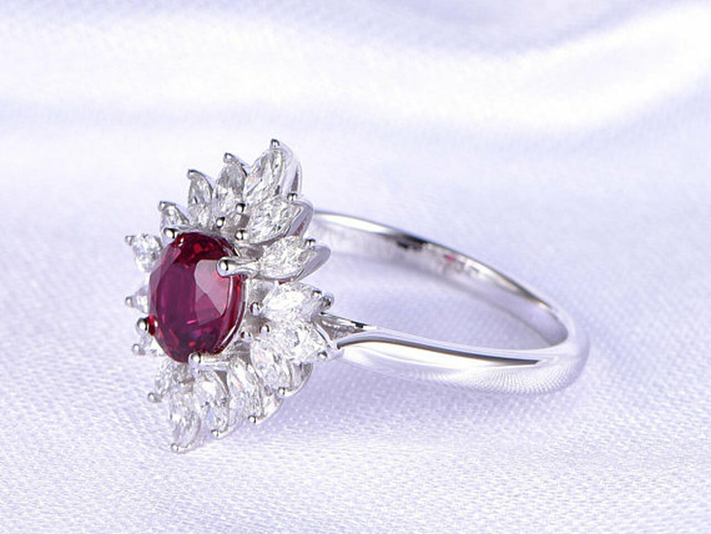 2.75 Ct Oval Cut Red Ruby & Marquise White CZ 925 Sterling Silver Cluster Ring