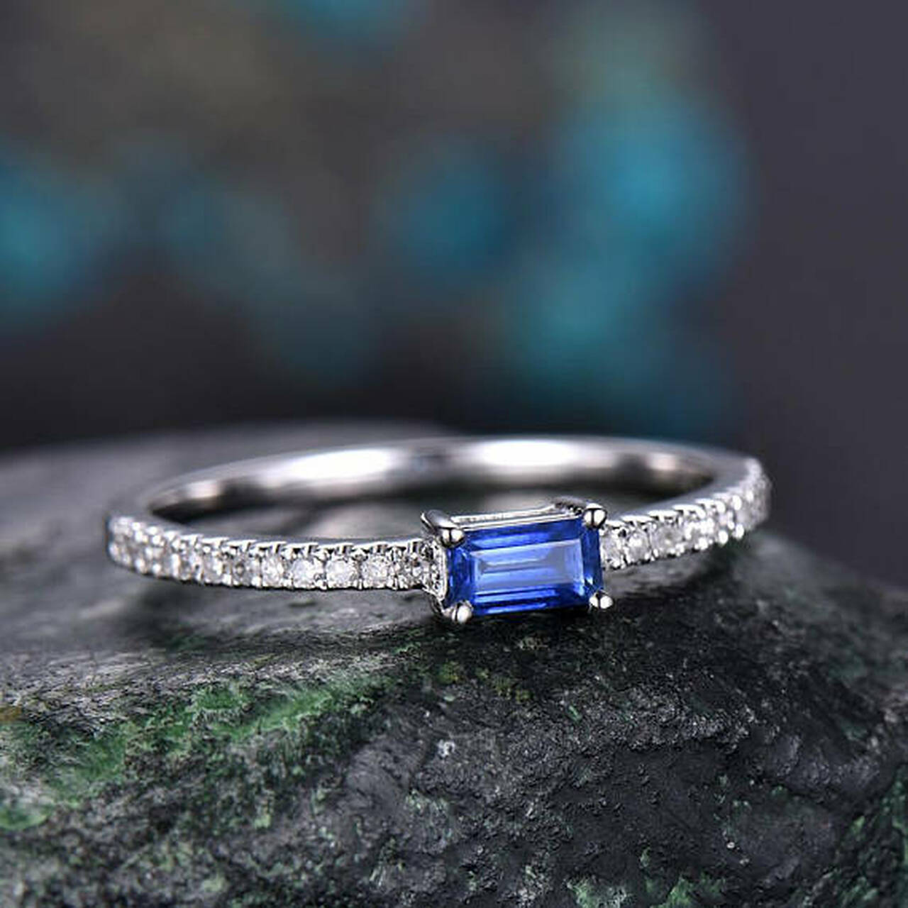 1.50 Ct Emerald Cut Blue Sapphire 925 Sterling Silver Solitaire W/Accents Anniversary Gift Ring