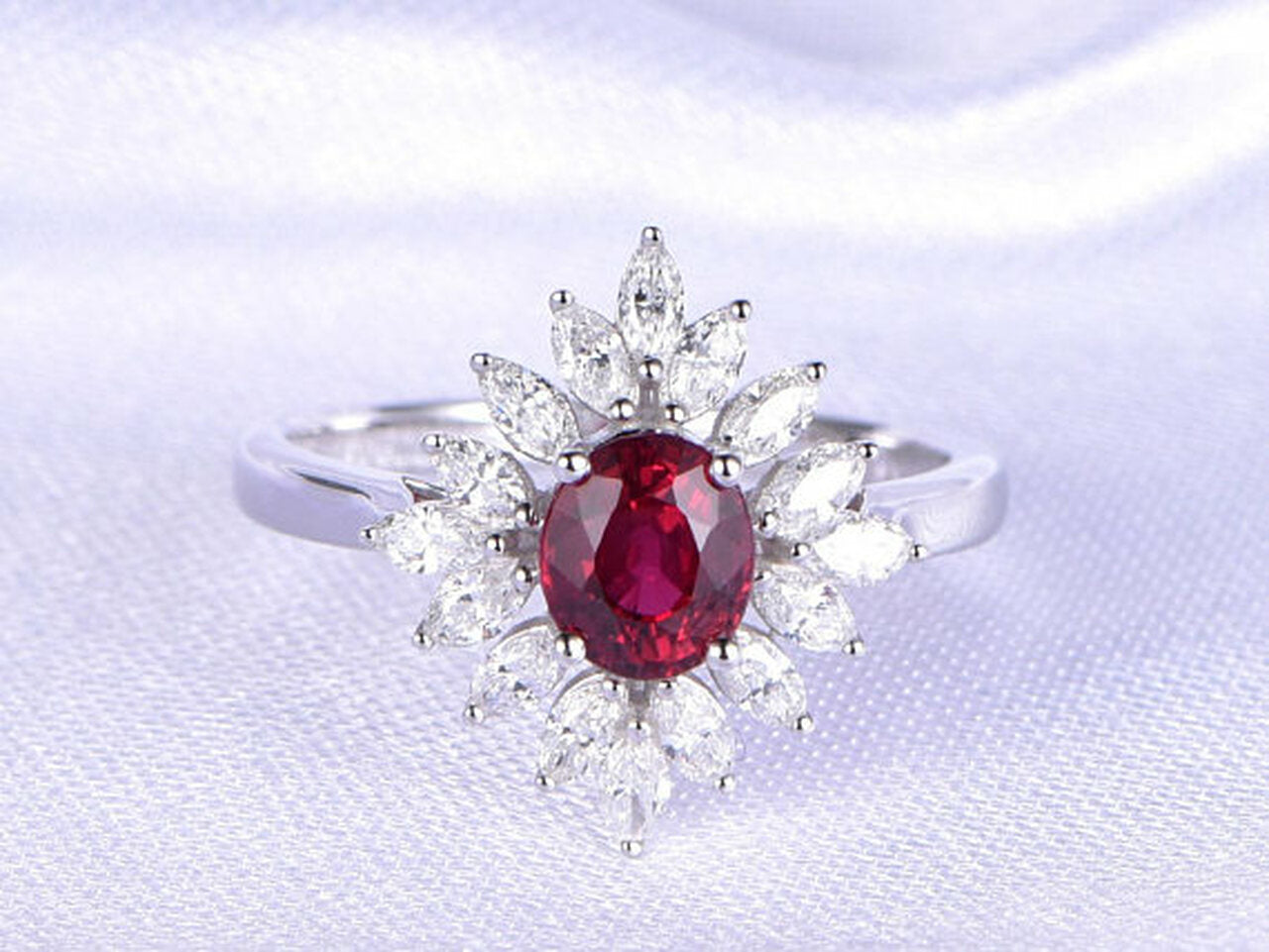 2.75 Ct Oval Cut Red Ruby & Marquise White CZ 925 Sterling Silver Cluster Ring