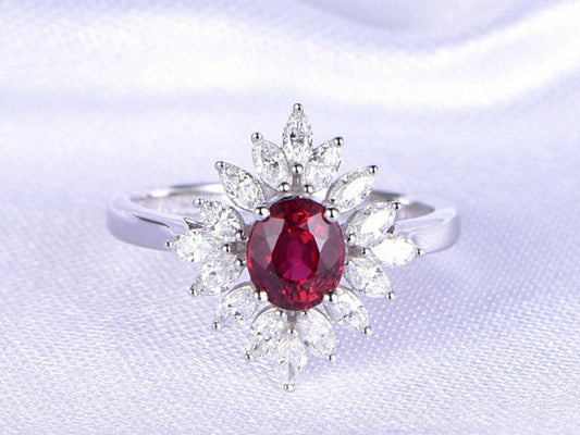 2.75 Ct Oval Cut Red Ruby & Marquise White CZ 925 Sterling Silver Cluster Ring
