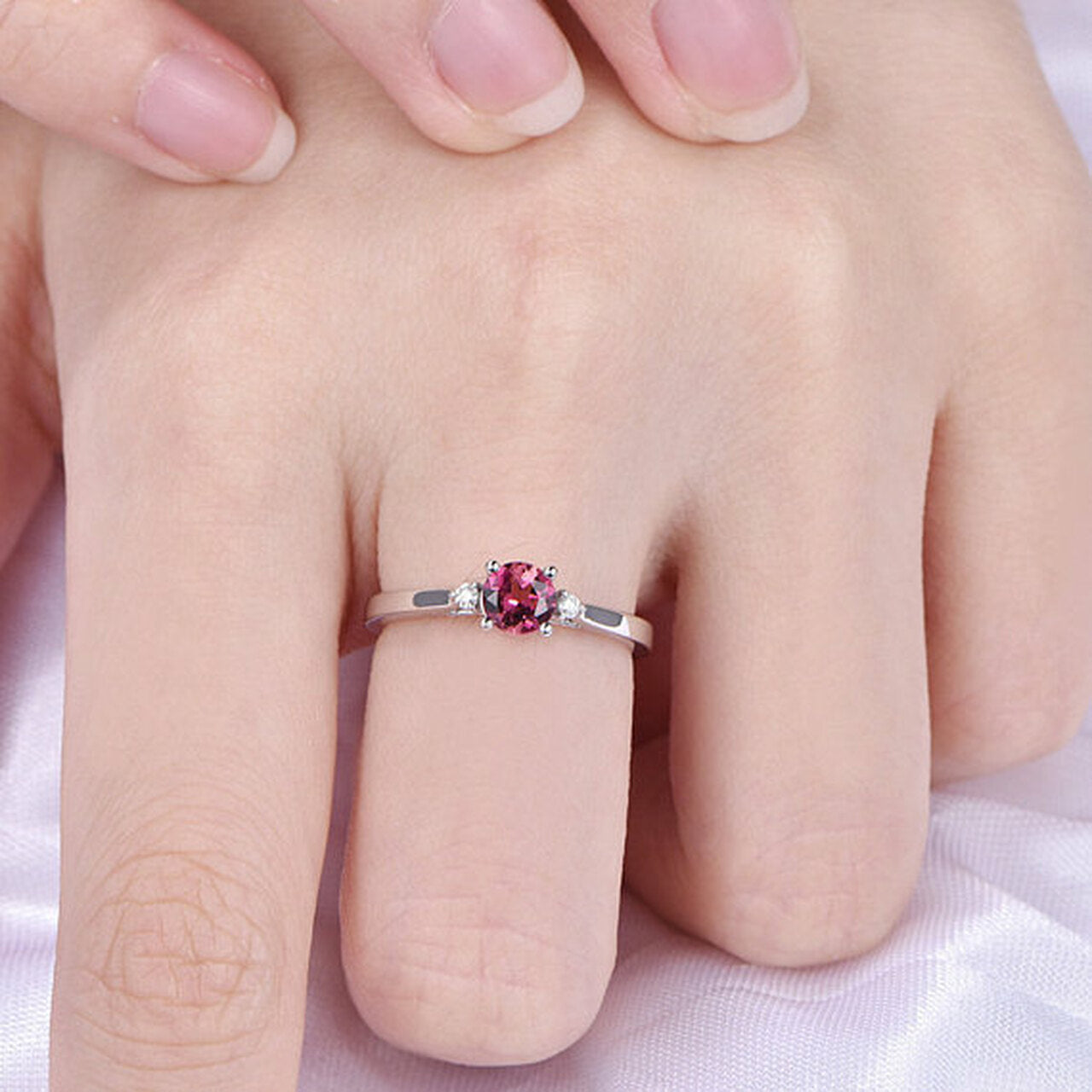 1.20 CT Round Cut Pink Tourmaline & White CZ Three-Stone Promise Ring In 925 Sterling Silver