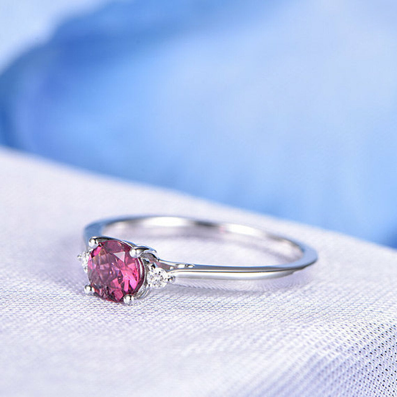 1.20 CT Round Cut Pink Tourmaline & White CZ Three-Stone Promise Ring In 925 Sterling Silver