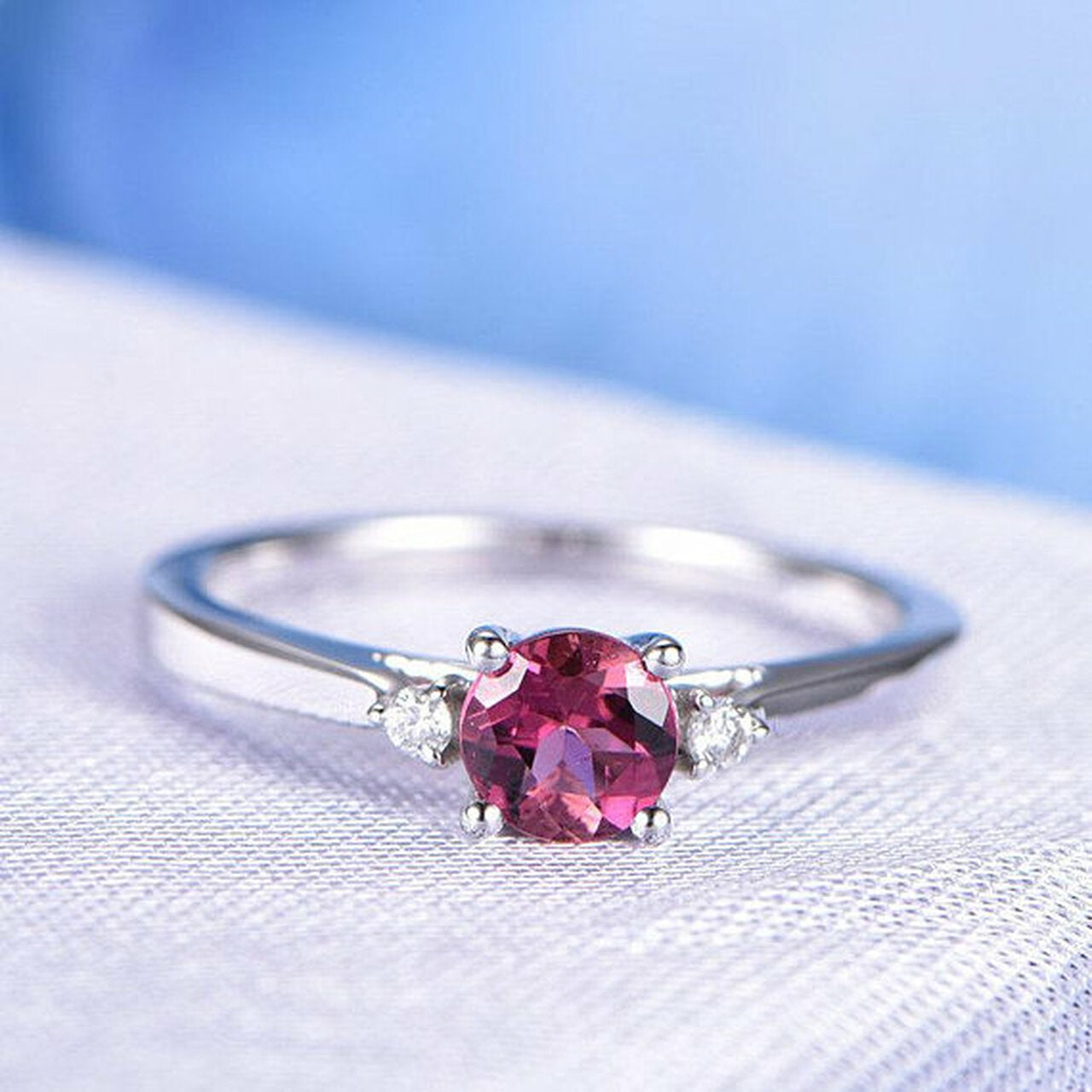 1.20 CT Round Cut Pink Tourmaline & White CZ Three-Stone Promise Ring In 925 Sterling Silver