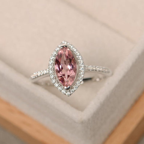 1.50 Ct Marquise Cut Pink Tourmaline Halo Engagement Ring In 925 Sterling Silver
