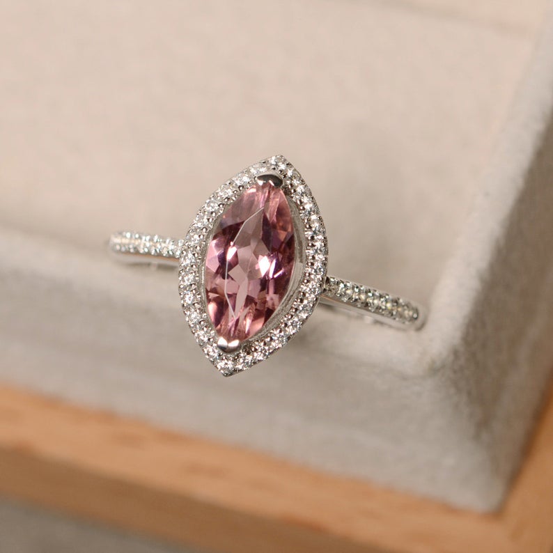 1.50 Ct Marquise Cut Pink Tourmaline Halo Engagement Ring In 925 Sterling Silver