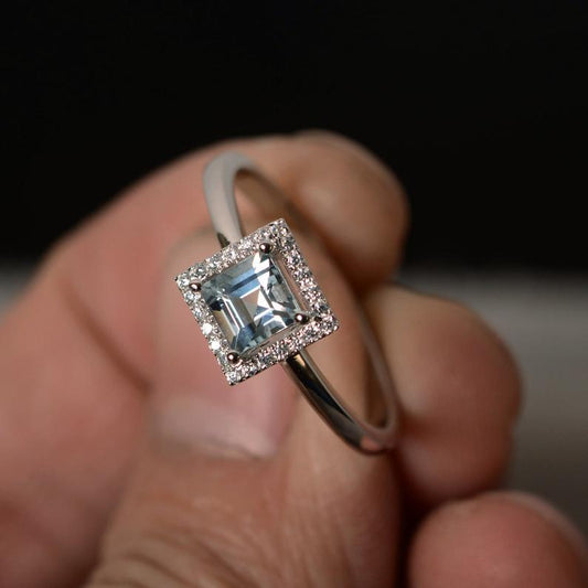 1.20 Ct Princess Cut Aquamarine 925 Sterling Silver Halo Anniversary Gift Ring