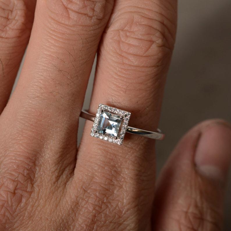 1.20 Ct Princess Cut Aquamarine 925 Sterling Silver Halo Anniversary Gift Ring