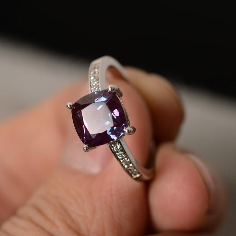 1.20 Ct Cushion Cut Purple Alexandrite 925 Sterling Silver Solitaire W/Accents Promise Ring