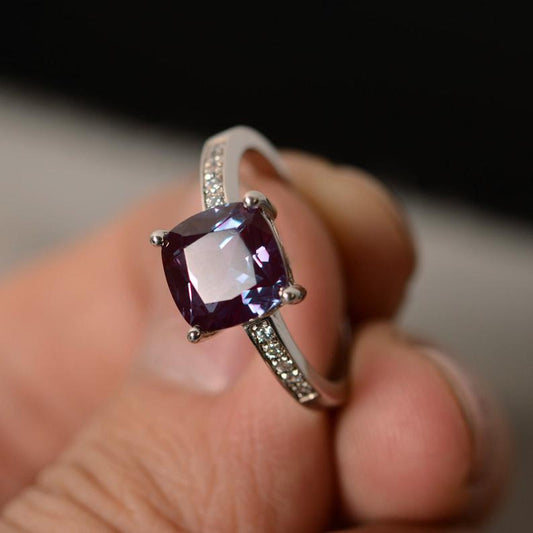 1.20 Ct Cushion Cut Purple Alexandrite 925 Sterling Silver Solitaire W/Accents Promise Ring