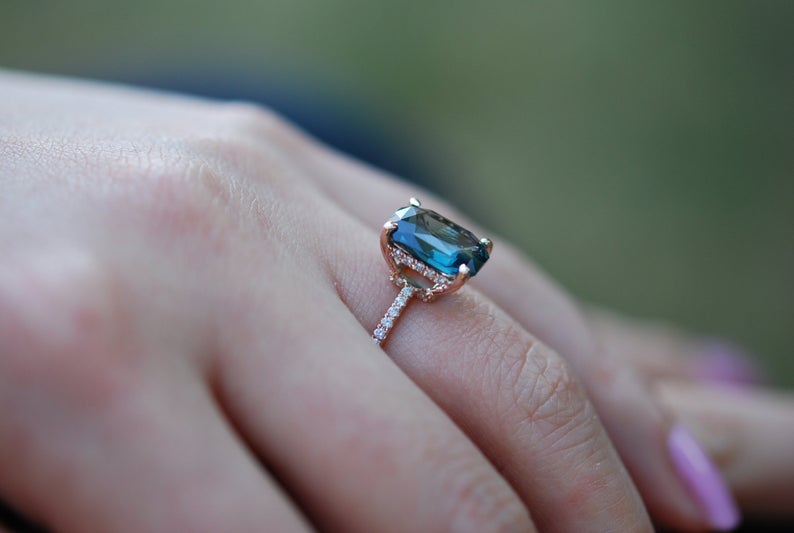 1 CT Emerald Cut London Blue Topaz Diamond Rose Gold Over On 925 Sterling Silver Engagement Ring