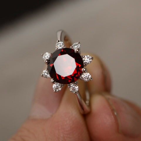 2 Ct Round Cut Red Garnet & Round CZ Floral Ring In 925 Sterling Silver For Her