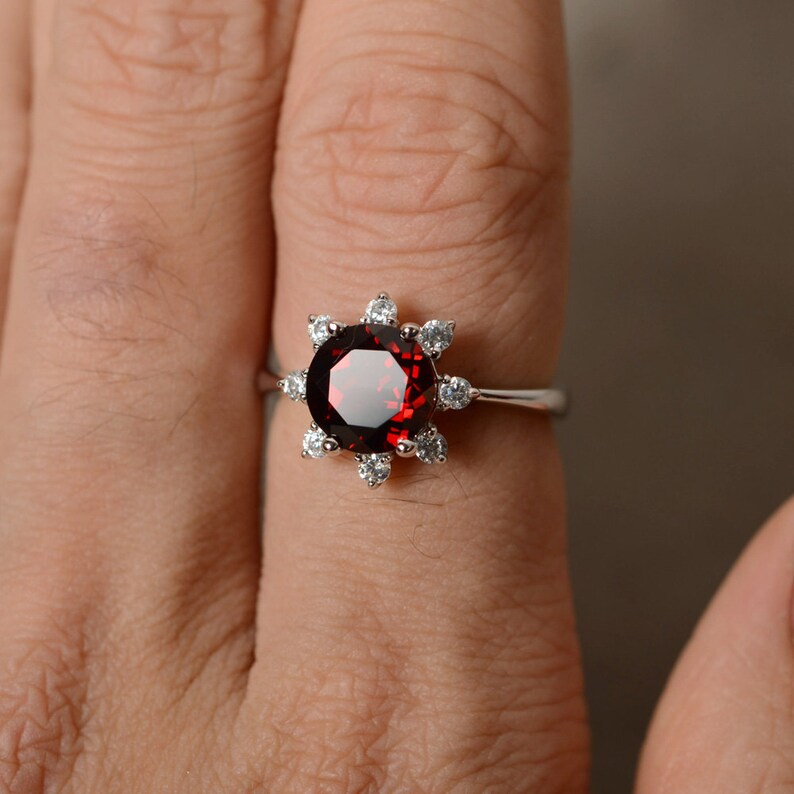 2 Ct Round Cut Red Garnet & Round CZ Floral Ring In 925 Sterling Silver For Her