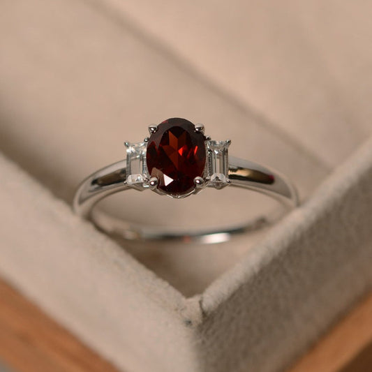2.20 Ct Oval Cut Red Garnet 925 Sterling Silver Three-Stone Anniversary Gift Ring