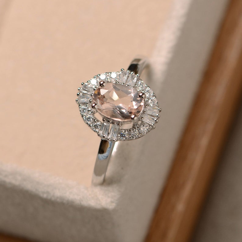 1.50 Ct Oval Cut Morganite 925 Sterling Silver Halo Engagement Wedding Ring