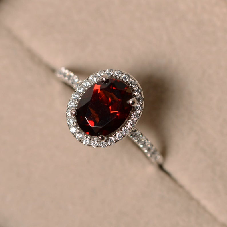 1.50 Ct Oval Cut Red Garnet Halo Diamond Engagement Ring In 925 Sterling Silver