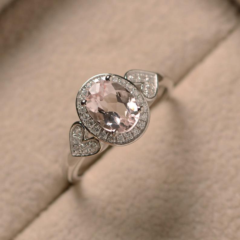 2.25 Ct Oval Cut Peach Morganite Halo Engagement Ring In 925 Sterling Silver