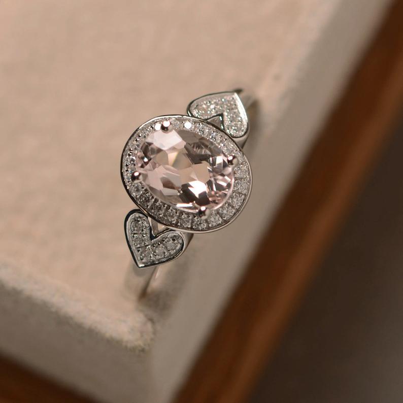 2.25 Ct Oval Cut Peach Morganite Halo Engagement Ring In 925 Sterling Silver