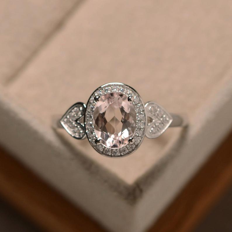 2.25 Ct Oval Cut Peach Morganite Halo Engagement Ring In 925 Sterling Silver