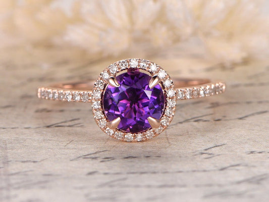 1 CT Round Cut Amethyst Diamond Rose Gold Over On 925 Sterling Silver Halo Engagement Ring