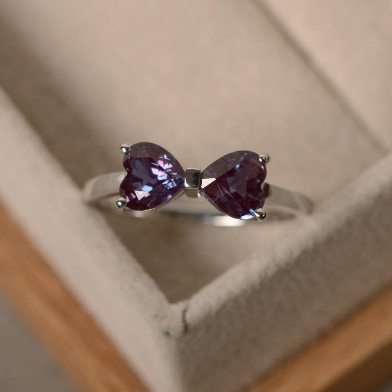2.00 Ct Heart Cut Purple Alexandrite 925 Sterling Silver Bow Style Promise Gift Ring