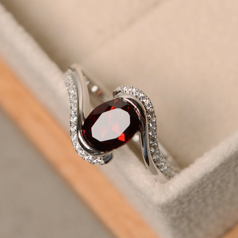 2.50 Ct Oval Cut Red Garnet White Gold Over On 925 Sterling Silver Bypass Promise Ring