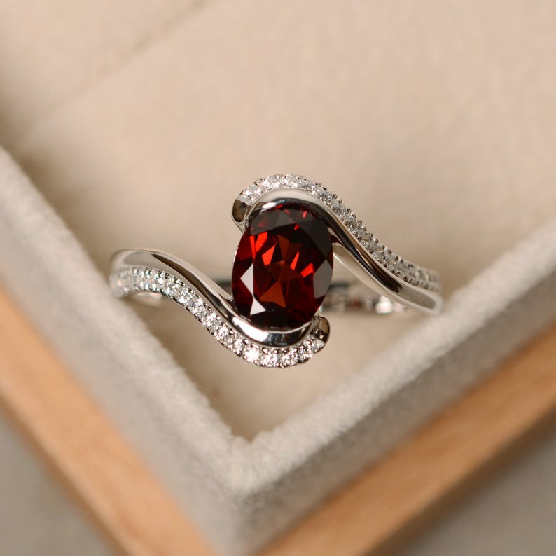 Ct Oval Cut Red Garnet White Gold Over On 925 Sterling Silver Bypass  Promise Ring