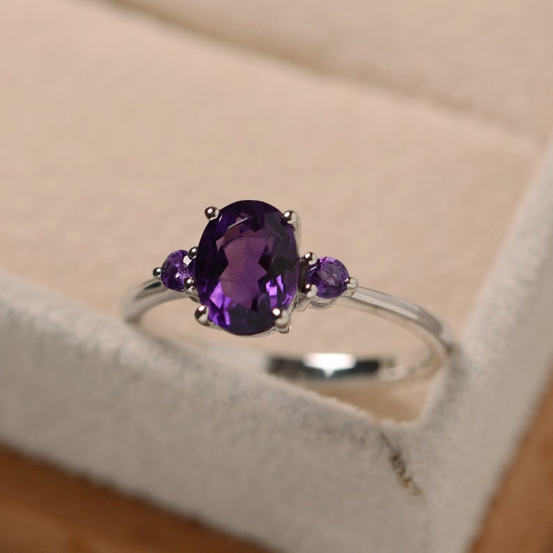 1.25 Ct Oval Cut Purple Amethyst 925 Sterling Silver Three-Stone Promise Gift Ring