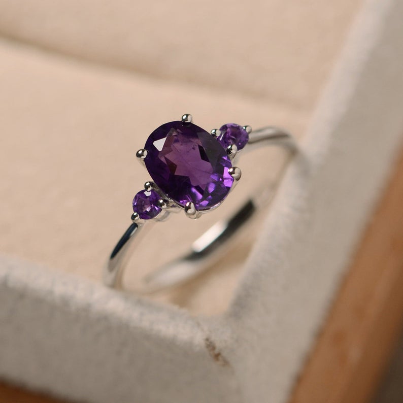 2.00 Ct Oval & Round Cut Purple Amethyst Three-Stone Promise Ring In 925 Sterling Silver