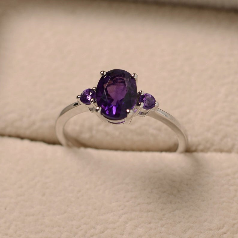 1.25 Ct Oval Cut Purple Amethyst 925 Sterling Silver Three-Stone Promise Gift Ring