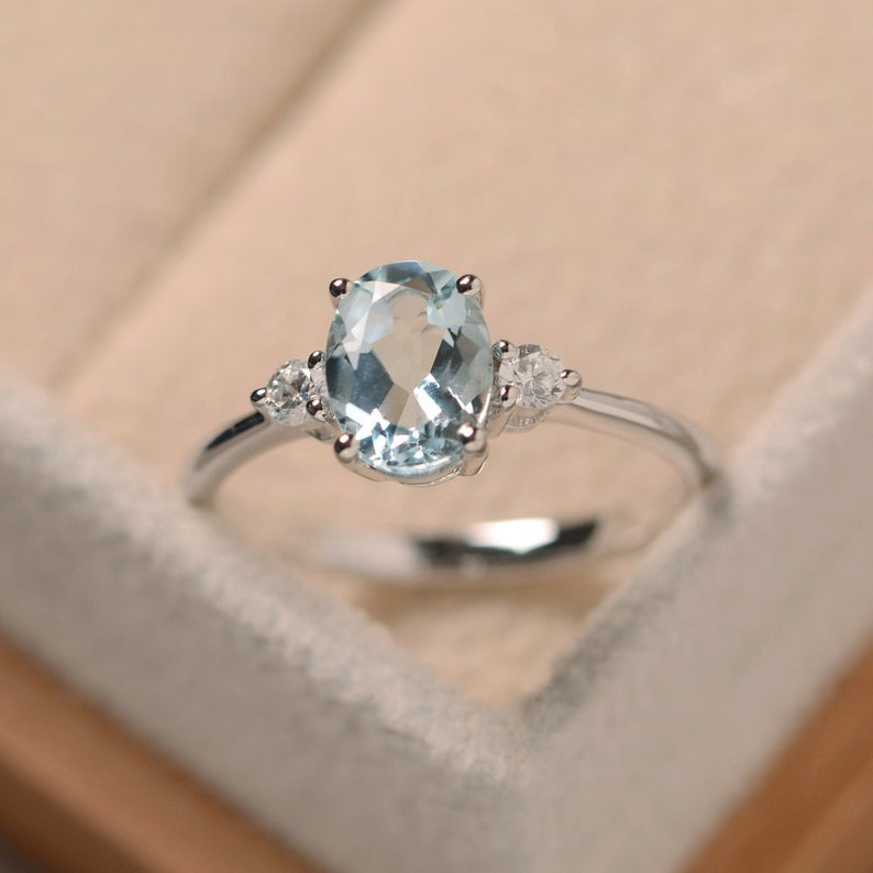 1.25 Ct Oval Cut Blue Aquamarine 925 Sterling Silver Three-Stone Promise Ring For Her