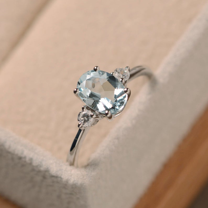 1.20 Ct Oval Cut Aquamarine & White CZ 925 Sterling Silver Three-Stone Promise Ring