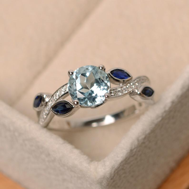 2.50 Ct Round Cut Aquamarine & Marquise Sapphire Gorgeous Leaf Ring In 925 Sterling Silver