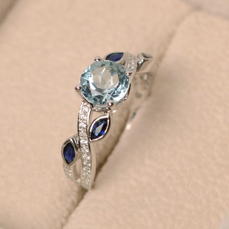2.50 Ct Round Cut Aquamarine & Marquise Sapphire Gorgeous Leaf Ring In 925 Sterling Silver