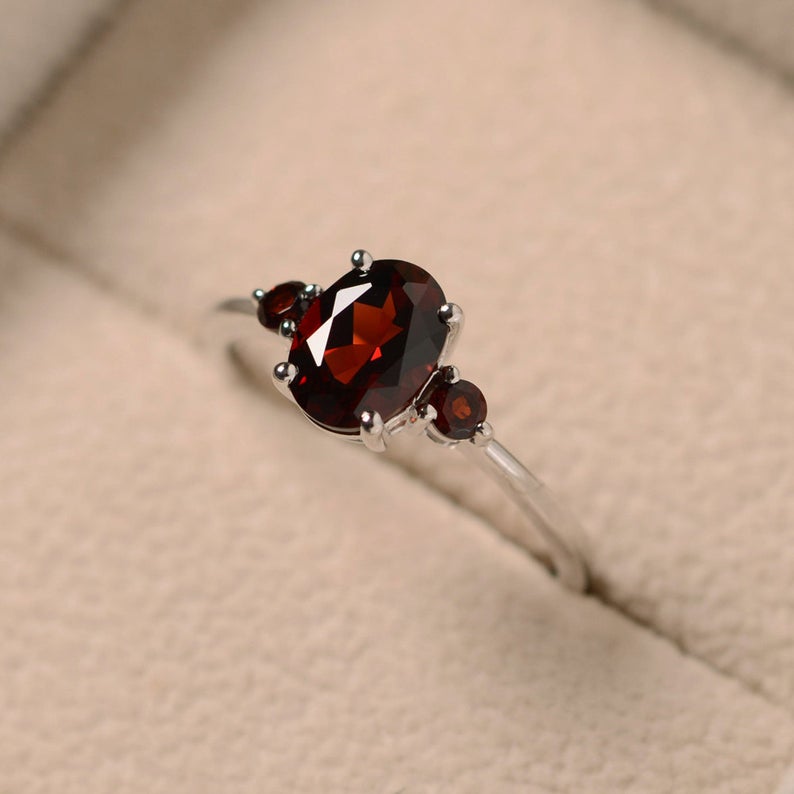 2 Ct Oval & Round Cut Red Garnet 925 Sterling Silver Three-Stone Promise Ring