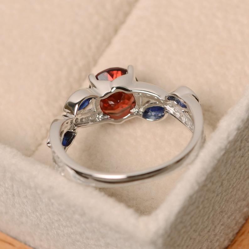 2.50 Ct Round Cut Red Garnet & Blue Sapphire Marquise 925 Sterling Silver Engagement Ring